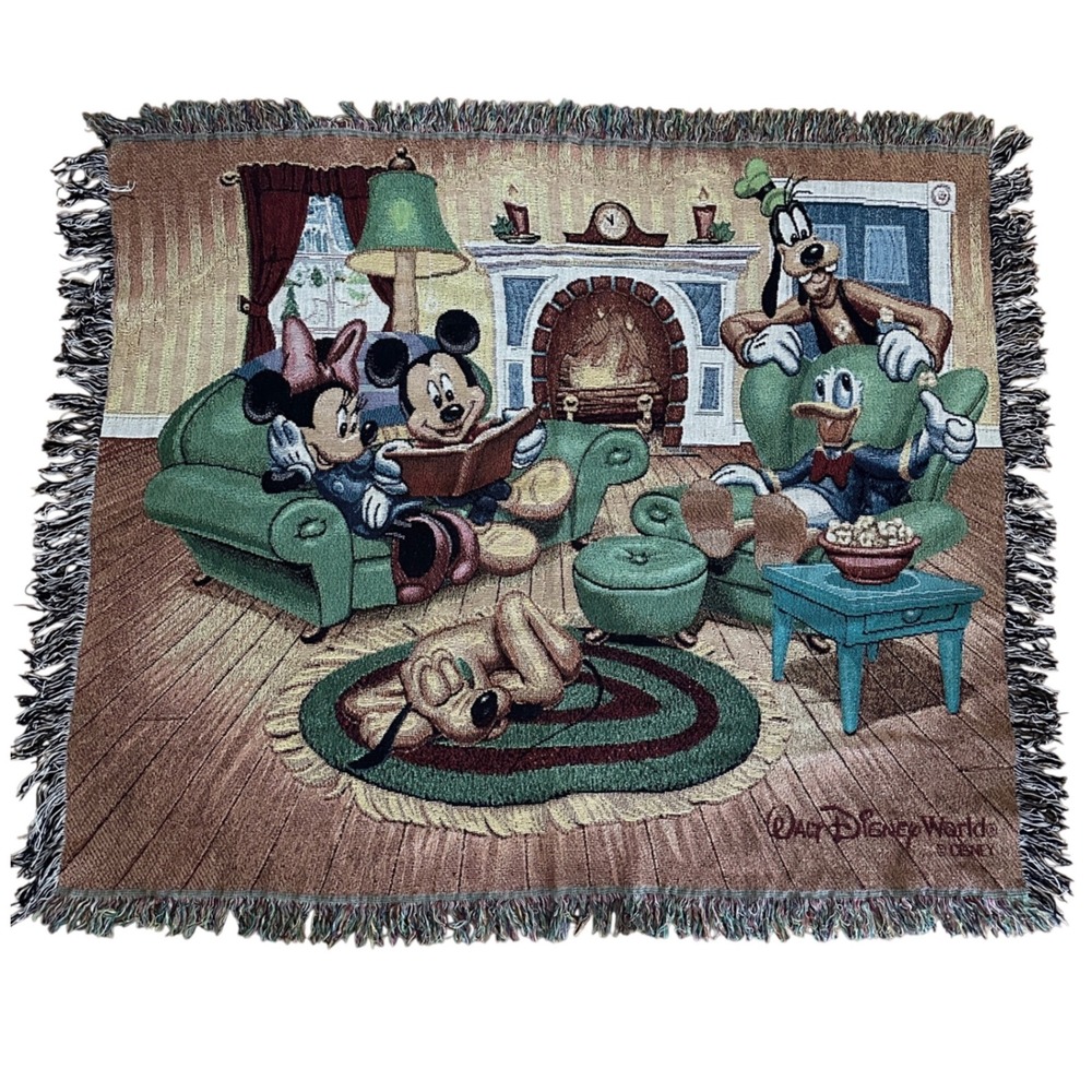 Vintage Walt Disney World Mickey Mouse Woven Tapestry Throw Blanket 48x58